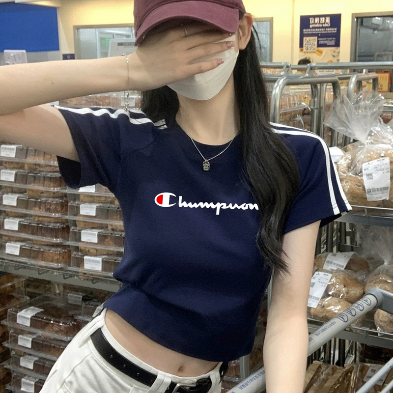2025 Summer Champion New American Retro Pure Cotton Short-Sleeve T-Shirt for Women Slim Fit Sports Short T-Shirt Half-Sleeve