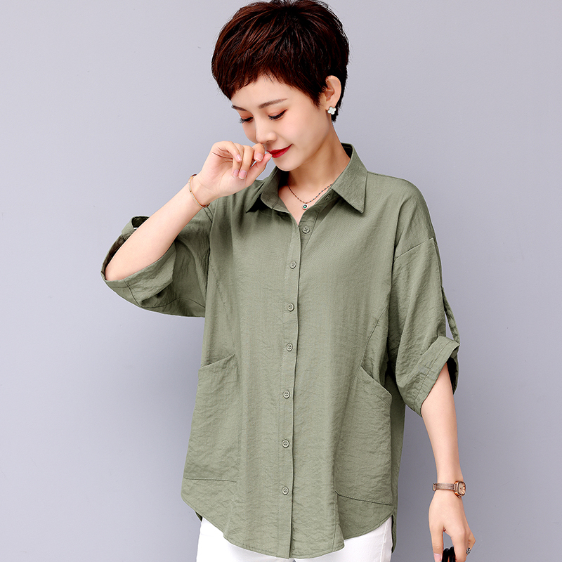 Cotton and Linen Short-Sleeved Women's 2025 Summer New Loose-Fitting Korean Style Fashionable Blouse for Middle-Aged Mothers, Plus Size Slimming Top