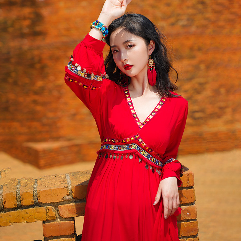 Exotic Qinghai Lake Beach Dress for Women, Seaside Vacation, Bright Red Travel Photo Dress, Desert Red Dress, Summer