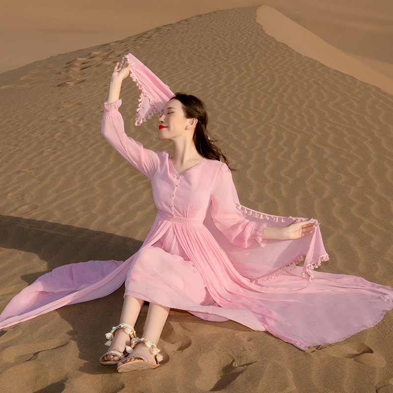 Peach Pink Super Fairy Dress, Exotic Style Desert Long Dress, Seaside Vacation Dress, Yunnan Travel Beach Dress