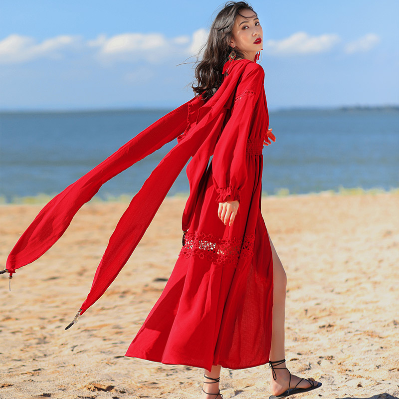 Dunhuang Tourism Qinghai Photo Shoot Long Skirt Desert Northwest Red Skirt with Hood Beach Skirt Women's Red Vacation Dress
