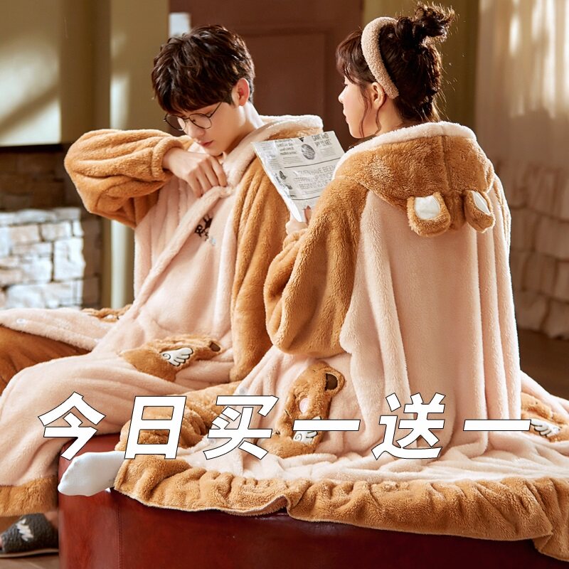Coral Suede Couple Sleepwear Women's Autumn Winter Sleeping Robe Men Bathrobe home Suit Suit Garnter Thicken long version of plush