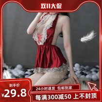 Ji Gill: Cream silk fungus-edged backless strappy v-neck suspender pajamas sexy nightgown with slits and smooth slits