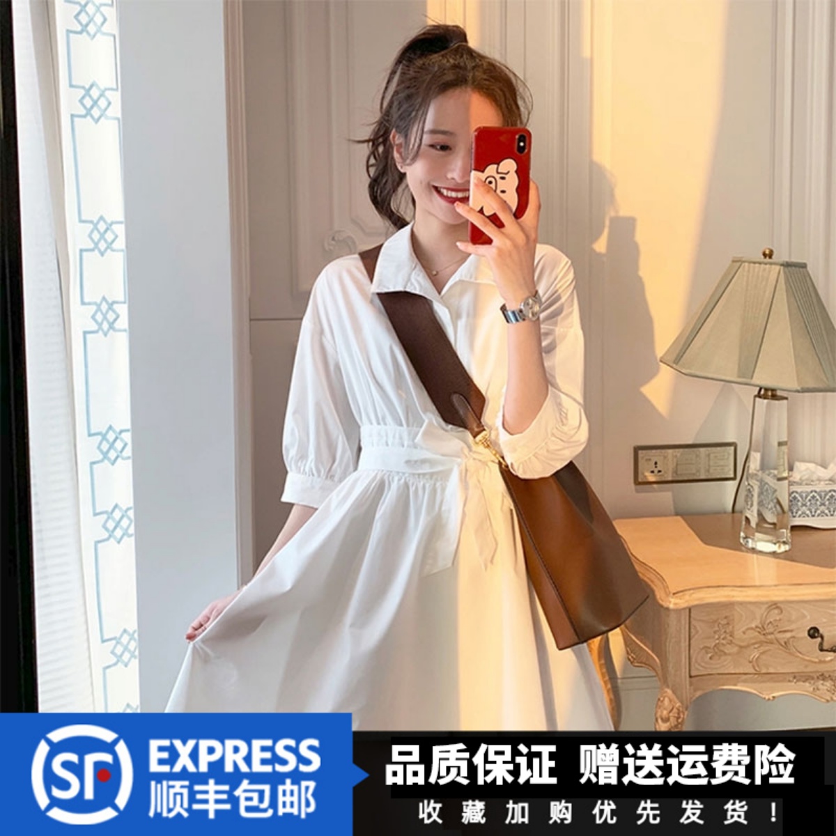 Europe station 2023 Summer new one-piece dress Female French style maiden school Wind to take up waist white shirt skirt-Taobao
