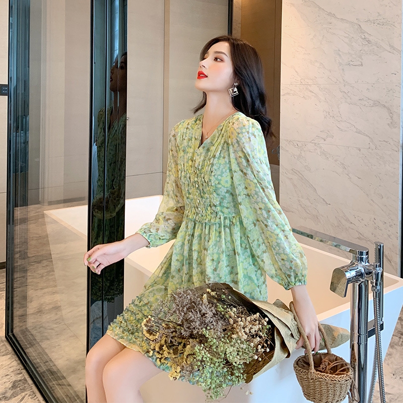 Hyuna wind skirt super fairy floral Chiffon dress Short avocado green temperament thin goddess fan clothes