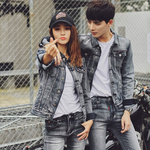 Джинсовая парная одежда для влюбленных, комплект подходит для мужчин и женщин, эластичная трендовая осенняя куртка, в корейском стиле