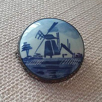 Western antique jewelry vintage silver accessories Dutch DELFT pure silver hand-painted bone porcelain brooch 5 9 gr
