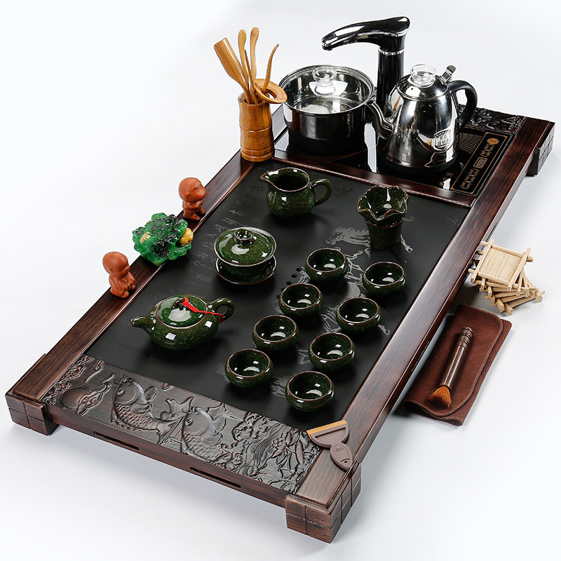 Lei Bai tea set Household Kung Fu tea set Wu Jinshi solid wood tea plate Stone plate Simple office automatic
