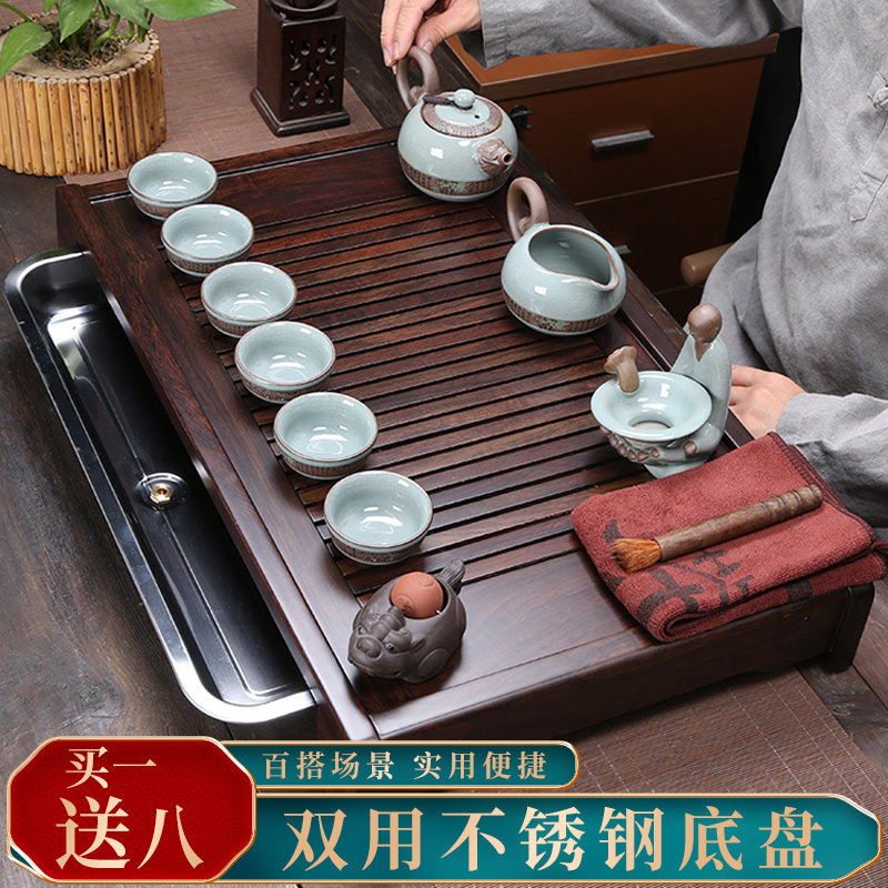 Solid Wood Tea Pan Black Sandalwood Flowers Pear Stainless Steel Water Storage Drawer Tea Set Tea Table Household Debriefing Kungfu