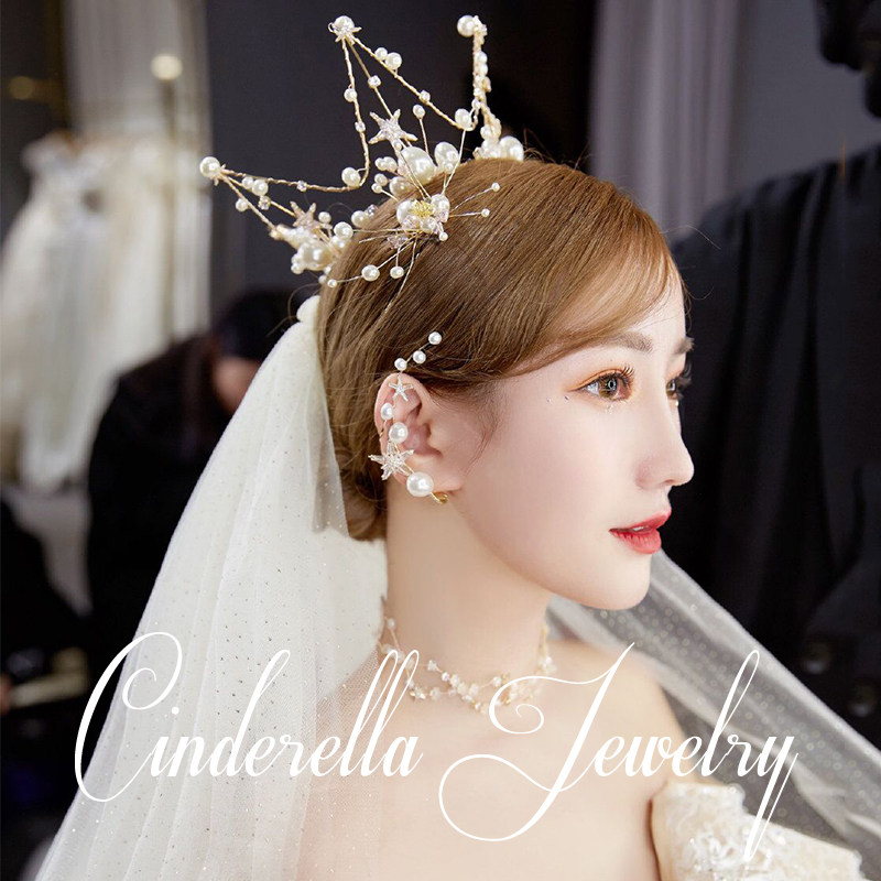 Korean-style bride baroque crown wedding dress headdress super fairy crown 18-year-old coming-of-age ceremony girl's birthday white gauze - Taobao