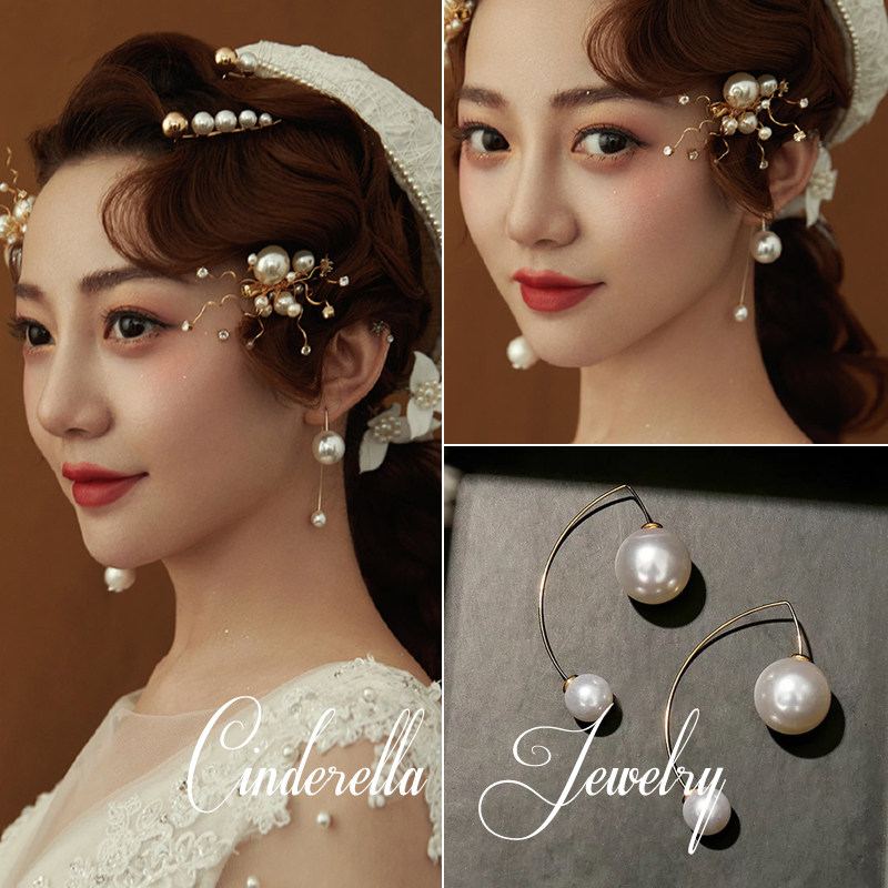 Korean bride pearl earrings personality wild girl earrings ins new retro U-shaped ear hook shape earrings