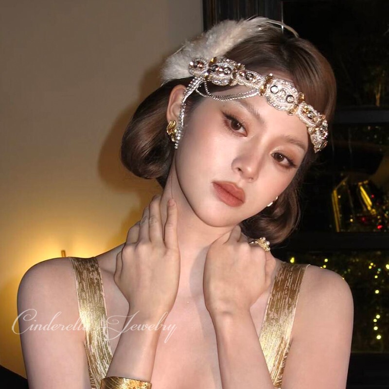 New Great Gatsby Retro Palace-Style French Rhinestone Feather Tassel Headband for Women, Photo Shoot Hair Accessory New Great Gatsby Retro Palace-Style French Rhinestone Feather Tassel Headband for Women, Photo Shoot Hair Accessory