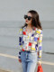 Wear color block graffiti crepe de chine long sleeve silk shirt for women