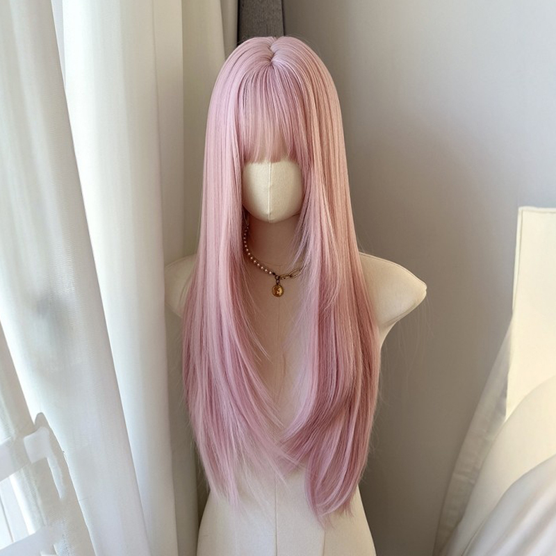 Wig for Women, Full Head Cover, Everyday Long Straight Hair, Pink High-Layered Long Hair, Korean Style, Suitable for Round Faces, Natural Look
