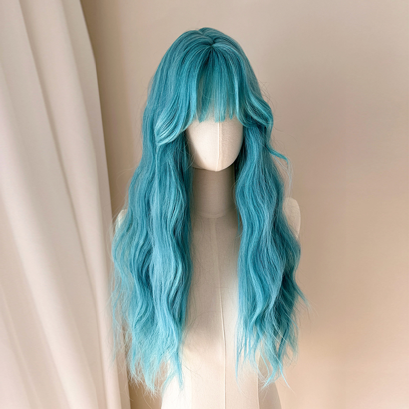 [Blue Tears] Wig for Women, Blue Long Curly Hair, Everyday Water Wave Style, Internet Celebrity Cosplay, Age-Reducing, Realistic Full Head Wig