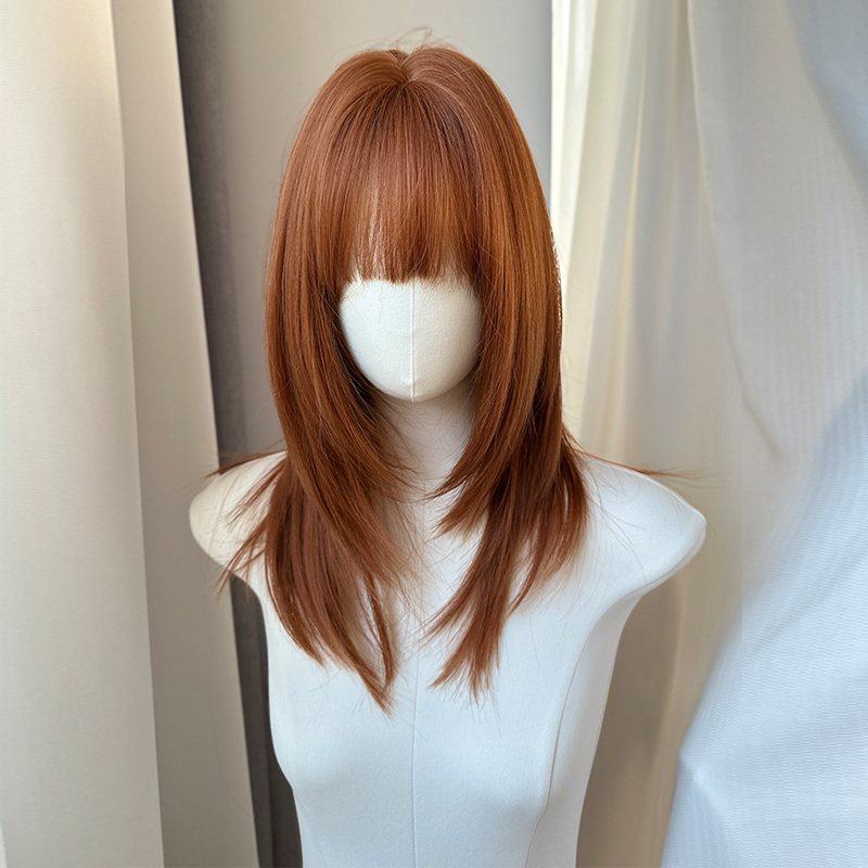 Japanese-Style Wig for Women, High-End Orange-Brown Color, Brightening Effect, Long Straight Hair, Light Color Series, Full Head, Realistic, Invisible, Seamless Full Wig