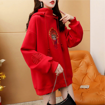 High collar pregnant womens necropolis with velvety autumn winter big code suit 2022 tiger year new red medium long loose blouse