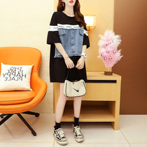 Pregnant woman blouse with long net red fashion denim splicing fake two summer gestation with loose short sleeve t-shirt woman