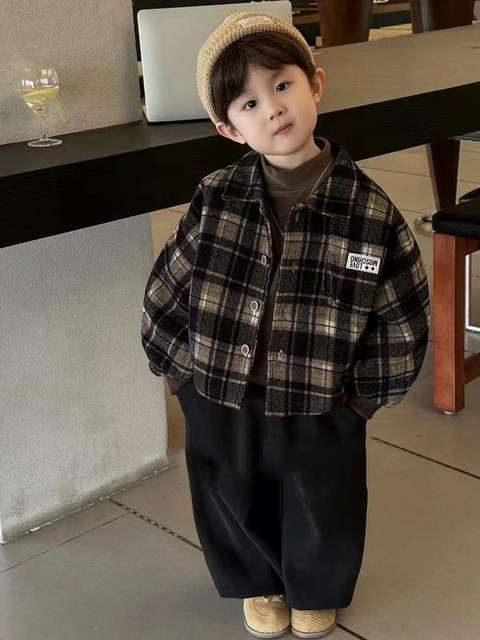 French Boys' Winter Clothing Set 2025 New Baby Autumn and Winter Plaid Jacket Three-Piece Set Kidsren's Winter Clothes