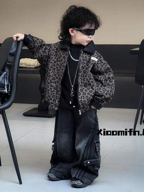 French Children's Clothing Boys' Autumn Leopard Print Leather Jacket 2025 New Stylish Children's Jacket Handsome Boys' Top
