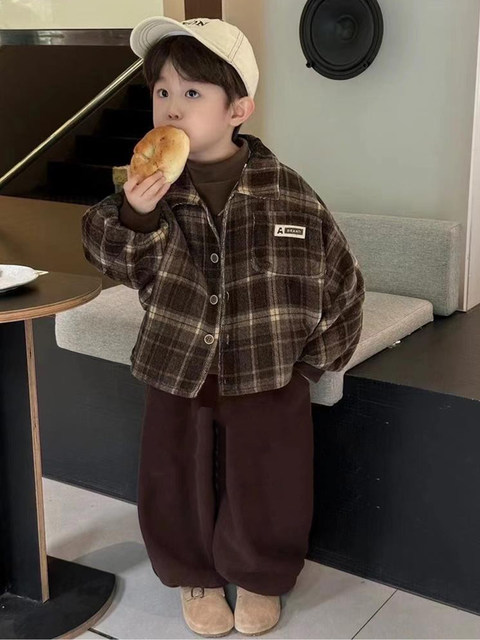 French Boys' Winter Clothing Set 2025 New Baby Autumn and Winter Plaid Jacket Three-Piece Set Kidsren's Winter Clothes