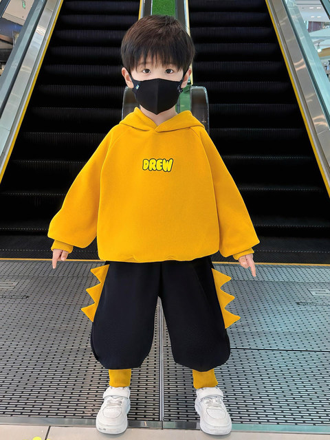 French Boys' Winter Sweatshirt Set 2025 New Children's Clothing Boys' Fleece Clothes Baby Sports Two-Piece Set