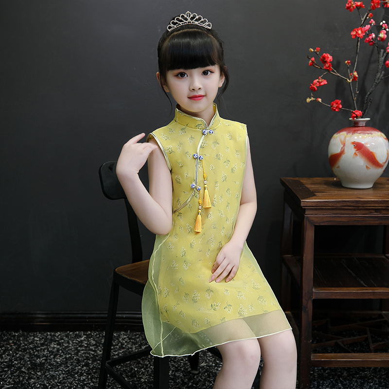 mùa hè sườn xám cô gái của retro phong cách baby baby công chúa váy quần áo hiệu suất Guzheng con gió của Trung Quốc mỏng