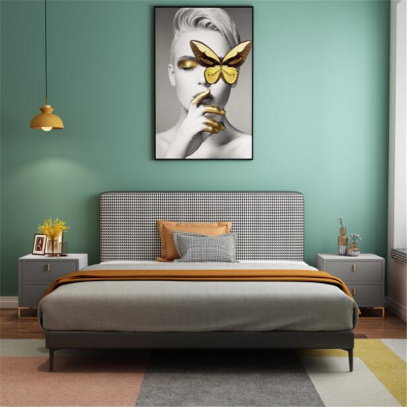 Nordic fabric bed houndstooth modern minimalist solid wood retro double bed master bedroom small apartment light luxury net red wedding bed