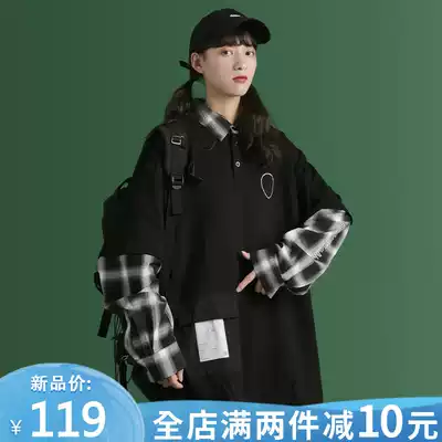 Fake two-piece plaid shirt stitching polo collar sweater women's national tide 2021 new spring and autumn thin jacket top