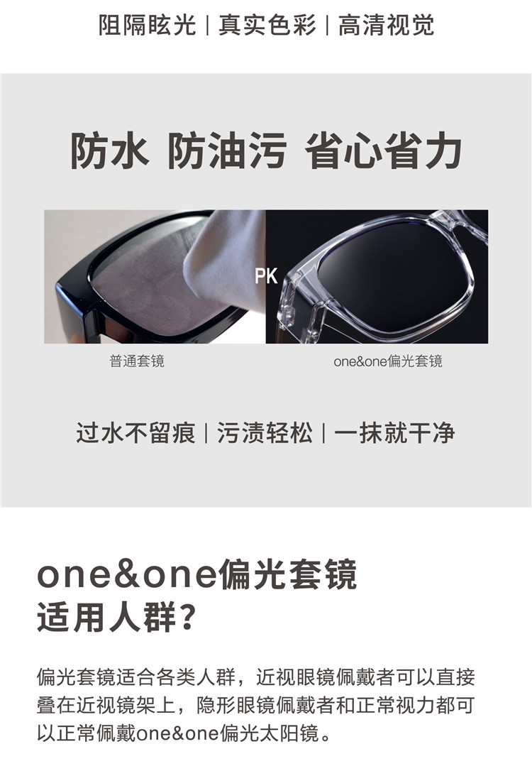 One&One 透明大镜框 近视偏光太阳镜 套镜 直接套在近视架上 图6