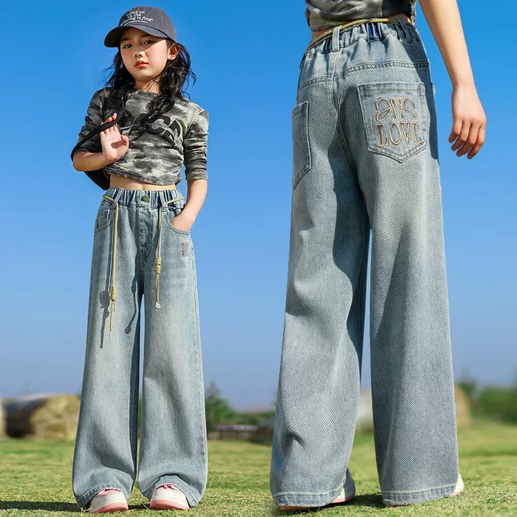 T001 Girls' back bag embroidered brown letters Wide -leg pants spring model (shot according to height)