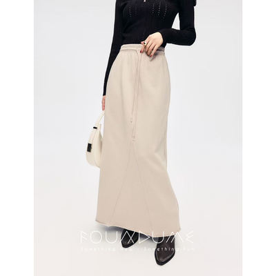 Foundume all-cotton loop sweatshirt skirt for women, khaki high-waisted, slimming, A-line lace hem long skirt