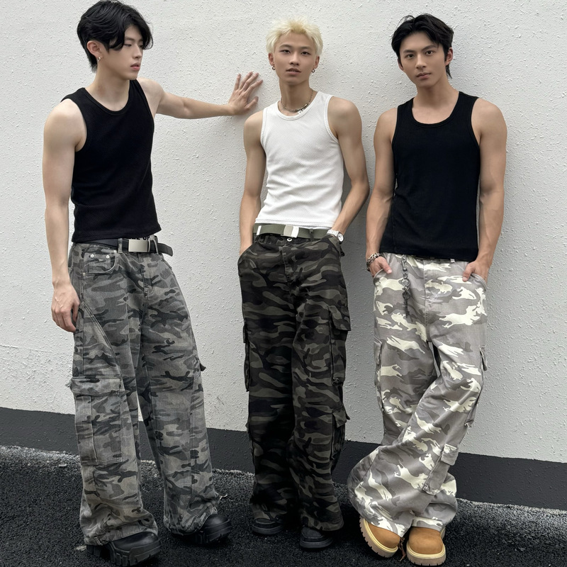 Kid The1One American Retro High Street Washed Wide-Leg Loose Casual Pants Straight-Leg Camouflage Pocket Cargo Pants