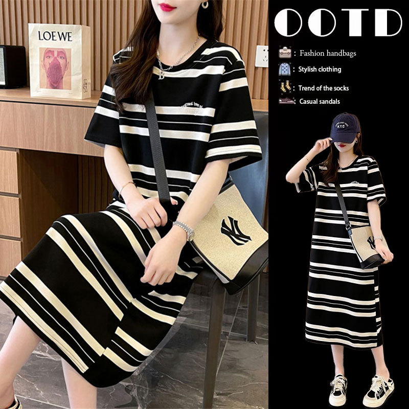 High-End Pure Cotton Short-Sleeved T-Shirt for Women, Summer Long Versatile Slit Dress with a Design Sense, Striped Over-The-Knee Long Skirt High-End Pure Cotton Short-Sleeved T-Shirt for Women, Summer Long Versatile Slit Dress with a Design Sense, Striped Over-The-Knee Long Skirt