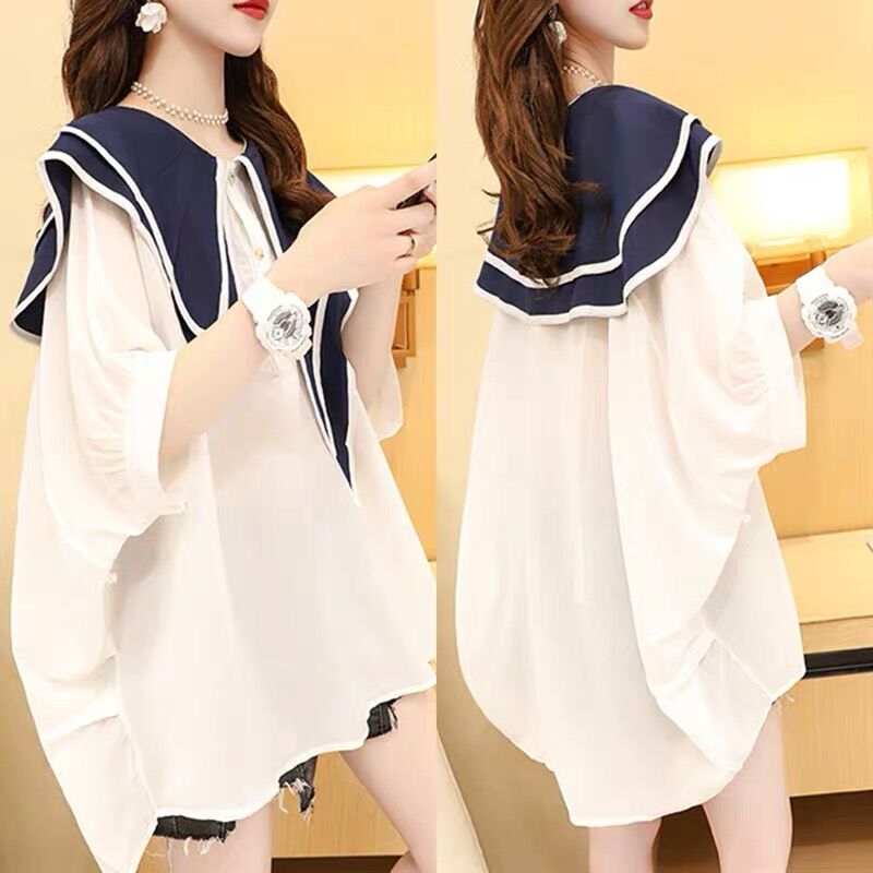 2026 Summer New Design Shawl-Style Short-Sleeved T-Shirt for Women, Mid-Length Doll Collar, Age-Reducing Half-Sleeve Top, Trendy 2026 Summer New Design Shawl-Style Short-Sleeved T-Shirt for Women, Mid-Length Doll Collar, Age-Reducing Half-Sleeve Top, Trendy