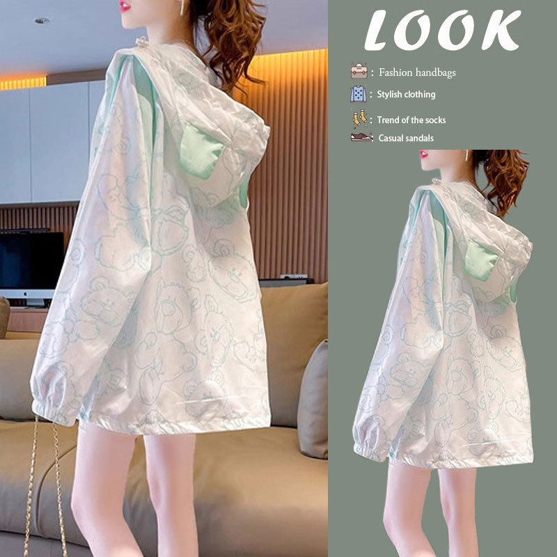 Mid-Length Summer Cartoon Sun Protection Clothing for Women, Anti-Uv Ultra-Thin Cardigan, Hooded Windbreaker Jacket, Large Size and Loose Fit
