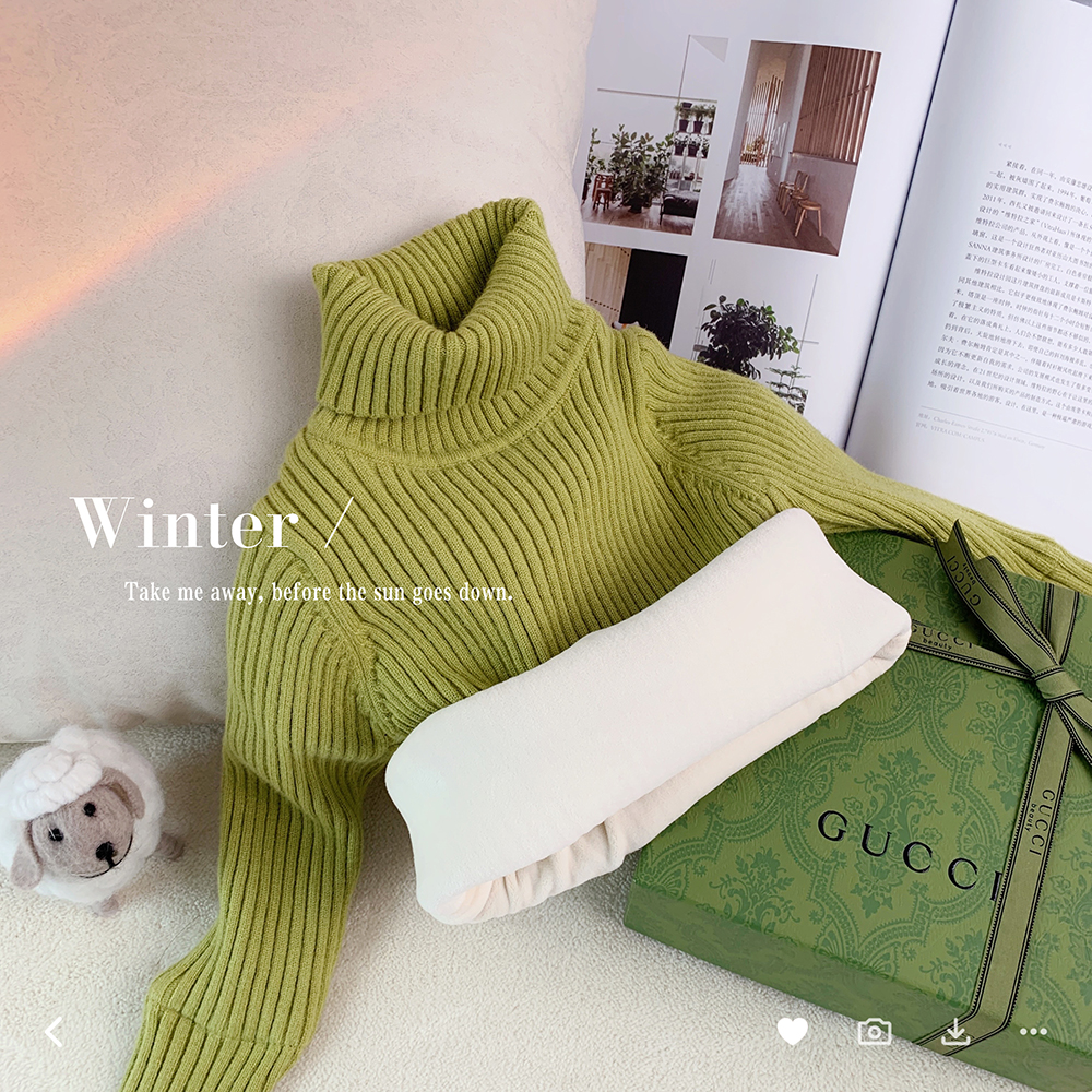 Girl Sweater Winter Clothing Baby Covered Head High Collar Plus Suede Knit Red Green Pure Color Inner Lap