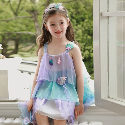 Влюбитесь в красивое платье принцессы-русалки для девочек, летнее платье, новинка 2025 года, детская градиентная праздничная газовая юбка на подтяжках