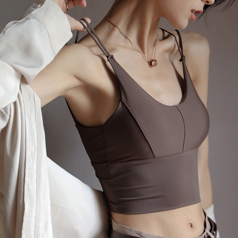 Ice silk beautiful back camisole female with chest pad black fashion Western style thin shoulder strap bra summer wrap chest wear