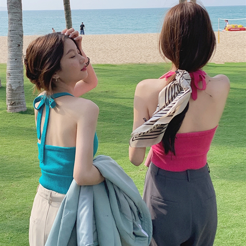 Knitted hanging neck harness vest Summer short paragraph sexy dew back beating bottom to wrap chest and brothery blouse design sensation outside wearing a rag 