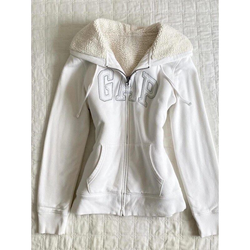 American Retro Vintage Style Hot Girl Slimming White Fleece-Lined Autumn and Winter Zipper Hooded Cardigan Sweatshirt Jacket American Retro Vintage Style Hot Girl Slimming White Fleece-Lined Autumn and Winter Zipper Hooded Cardigan Sweatshirt Jacket