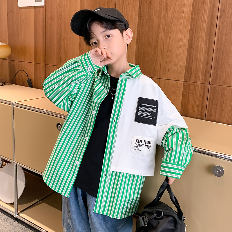 Boy shirt spring and autumn with long sleeve blouse damp 2022 new children suit Korean version handsome boy striped shirt