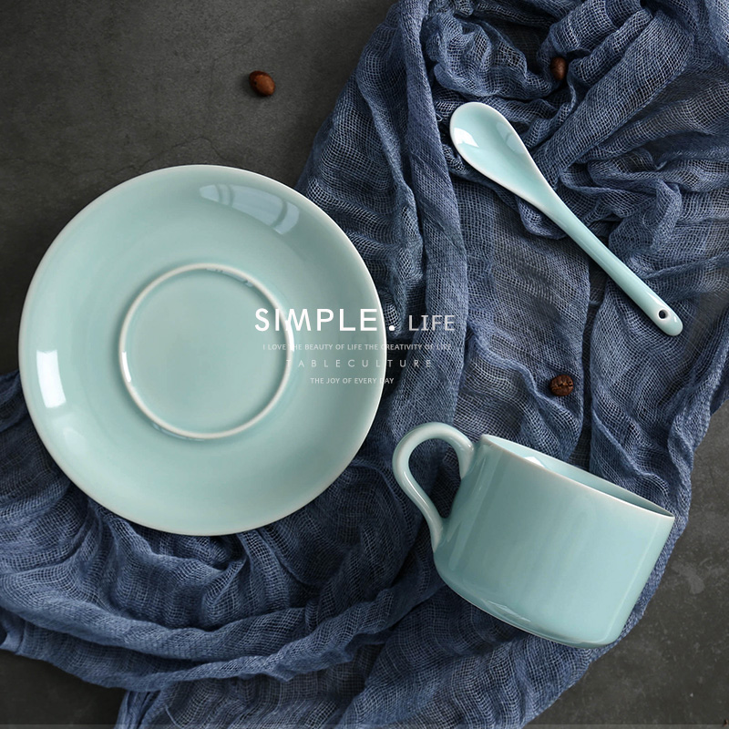 Longquan celadon cup pure color contracted household keller with spoon, coffee cup saucer of milk cup creative ceramic tea cup