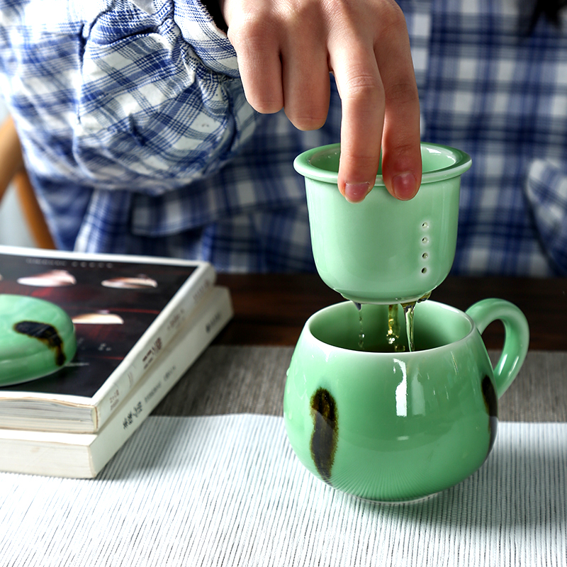 Longquan celadon teacup household of Chinese style office filter glass ceramic tea keller with cover stippling doodle cup