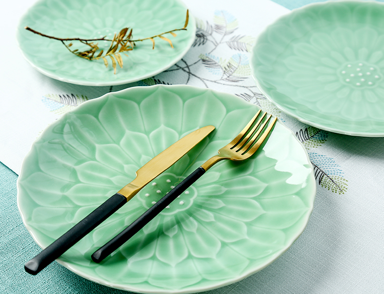 Longquan celadon dish creative plates of household ceramics microwave plate now rising food dish steak dinner plate