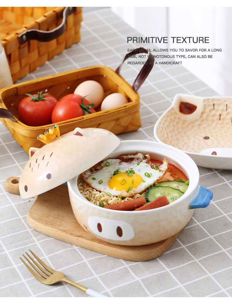 Lovely children eat rice bowl dormitories domestic large soup bowl Japanese girl heart ceramic piggy mercifully rainbow such as bowl with cover