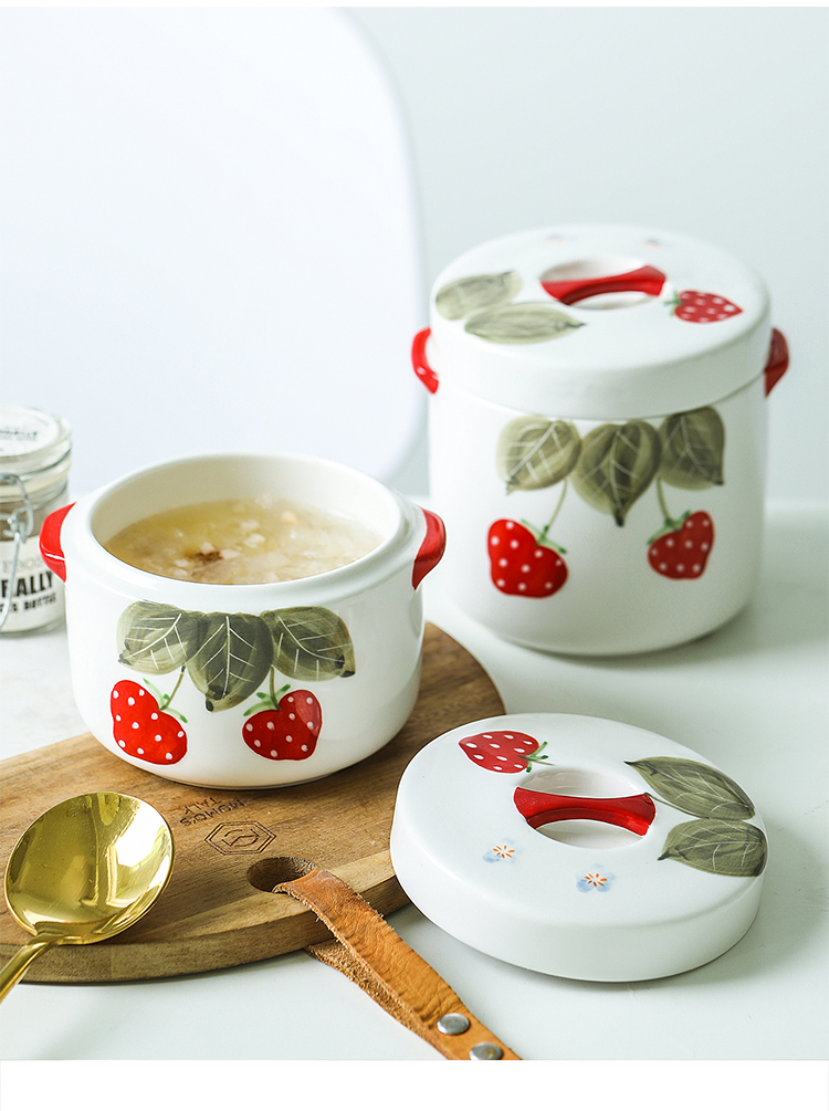 Northern wind ins ears creative ceramic strawberry stew with cover water household small cup for cup bowl of soup pot stew pot