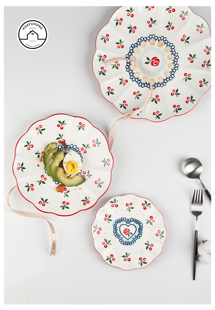 Hand - made cherry 0 creative pastoral wind under the glaze the ceramic plate with lace color round lovely breakfast tray plates