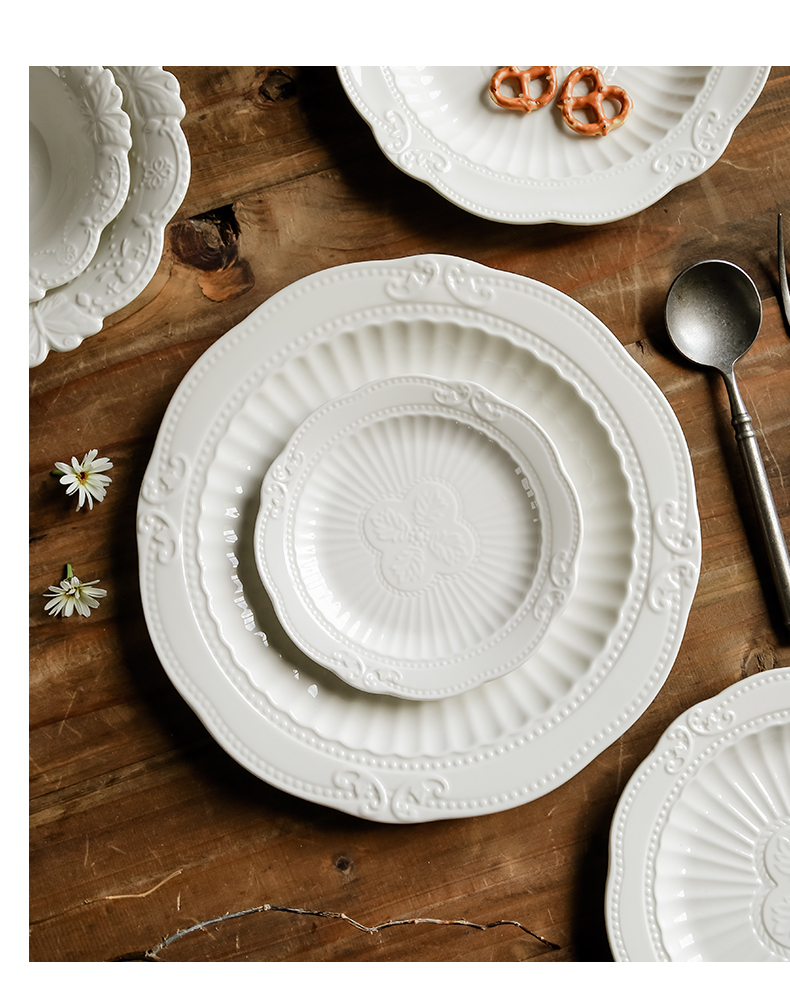 European creative white porcelain character of vertical stripes relief disc household western - style food restaurant dish dish soup of ceramic plate