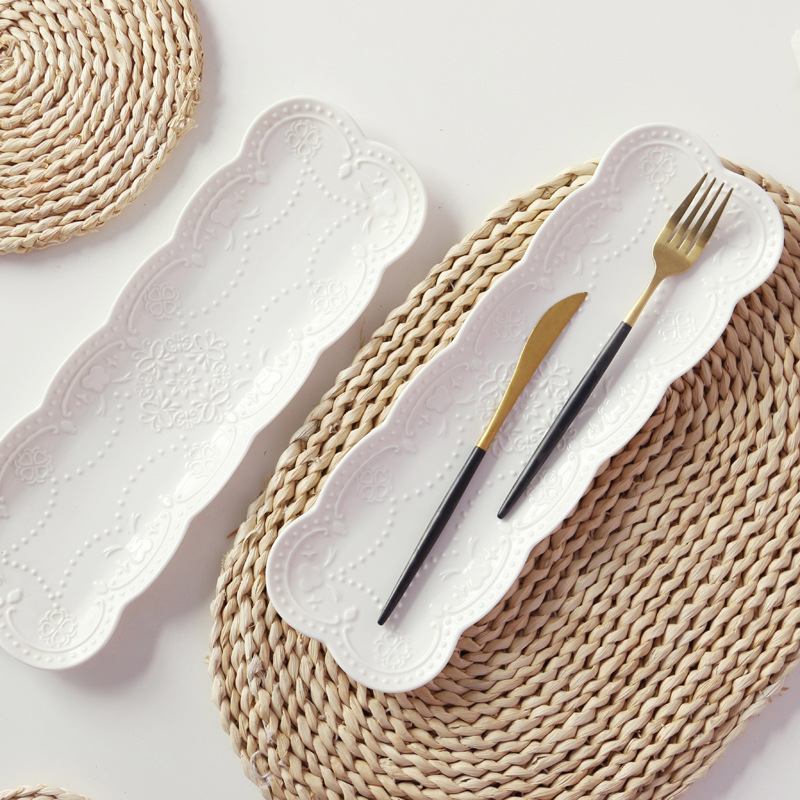 Creative Japanese relief rectangle plate embossed ceramic white butterfly sushi plate tray bread dessert plates